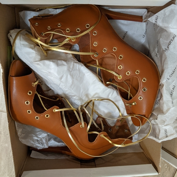 New tan leather Brazil designer lace-up 39 stiletto sandals - Picture 2 of 9